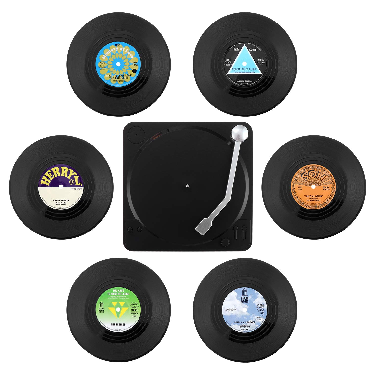 Set of 6 Retro Vinyl Record Coasters with Holder, Drink Cup Mat, Place Mats, Non-Slip Insulated Coffee Drink Mat