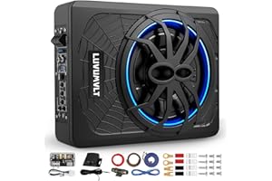 LUVUMVLT 1200W 10" Car Subwoofer, Slim Under Seat Powered Subwoofer and Amp Package,High/Low Level Input, Car/Truck Audio Sub Built-in Amplifier amp Combo Package, with Blue LED Light