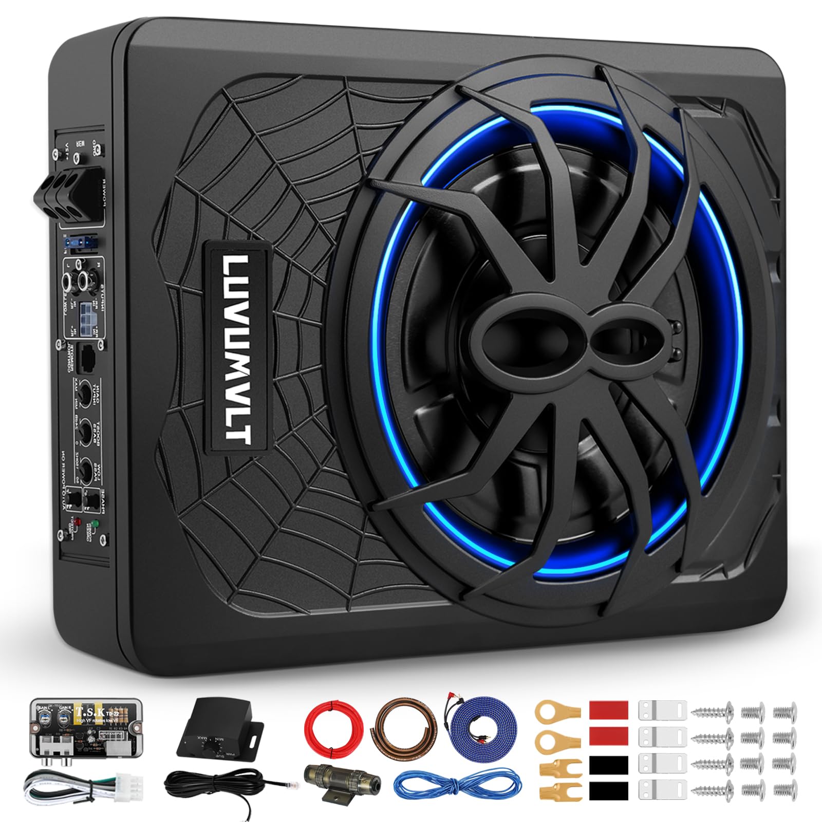 Photo 1 of LUVUMVLT 1200W 10" Car Subwoofer, Slim Under Seat Powered Subwoofer and Amp Package,High/Low Level Input, Car/Truck Audio Sub Built-in Amplifier amp Combo Package, with Blue LED Light