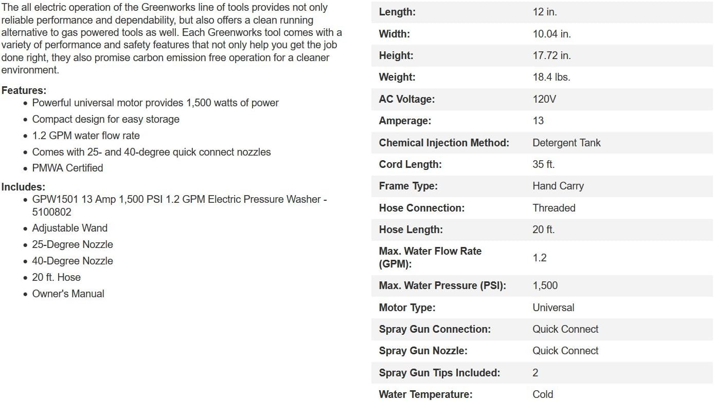 Greenworks 1500 PSI 13 Amp 1.2 GPM Pressure Washer GPW1501 : Garden & Outdoor