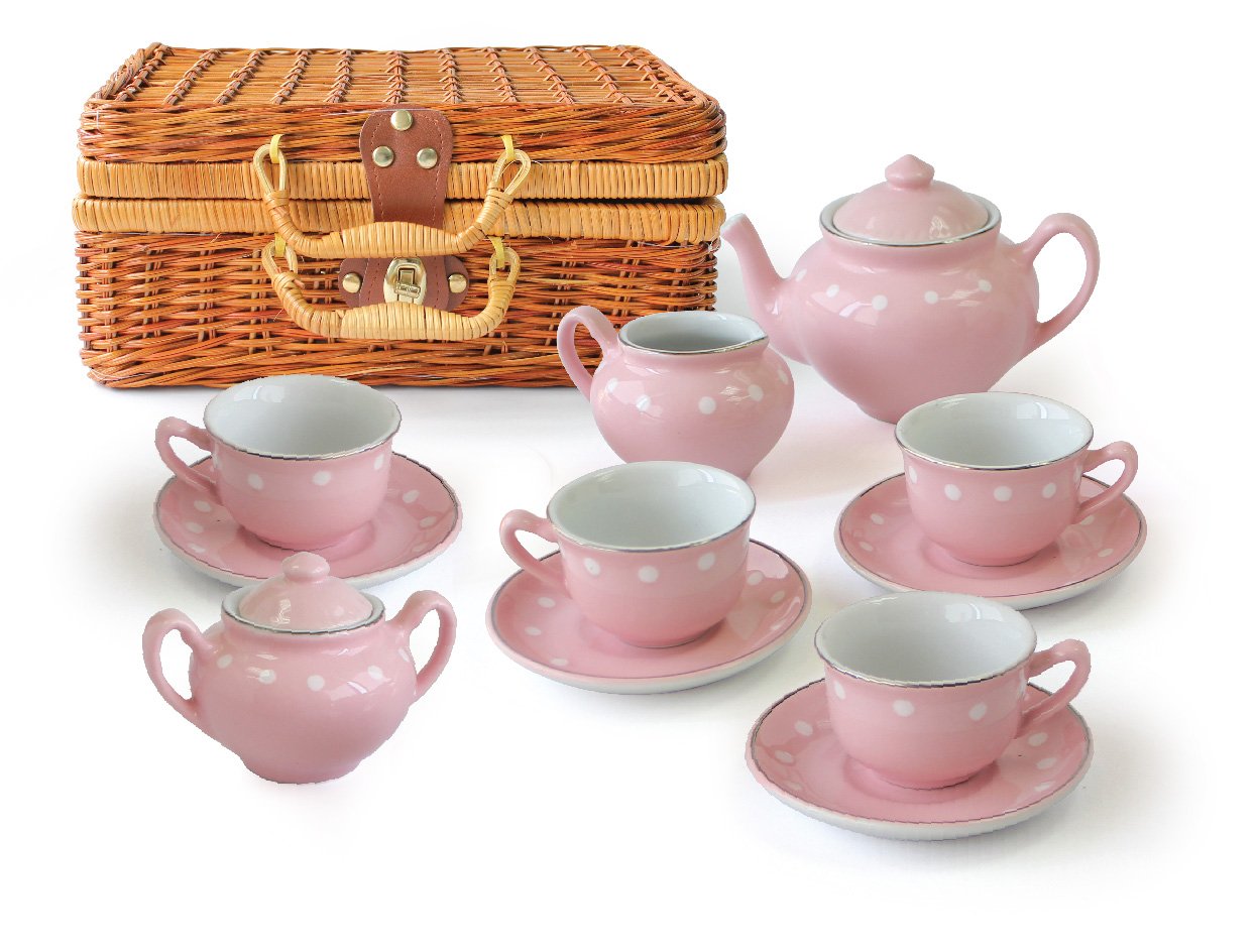 Children's 13 Pc Pink Porcelain Play Tea Set with Wicker Basket