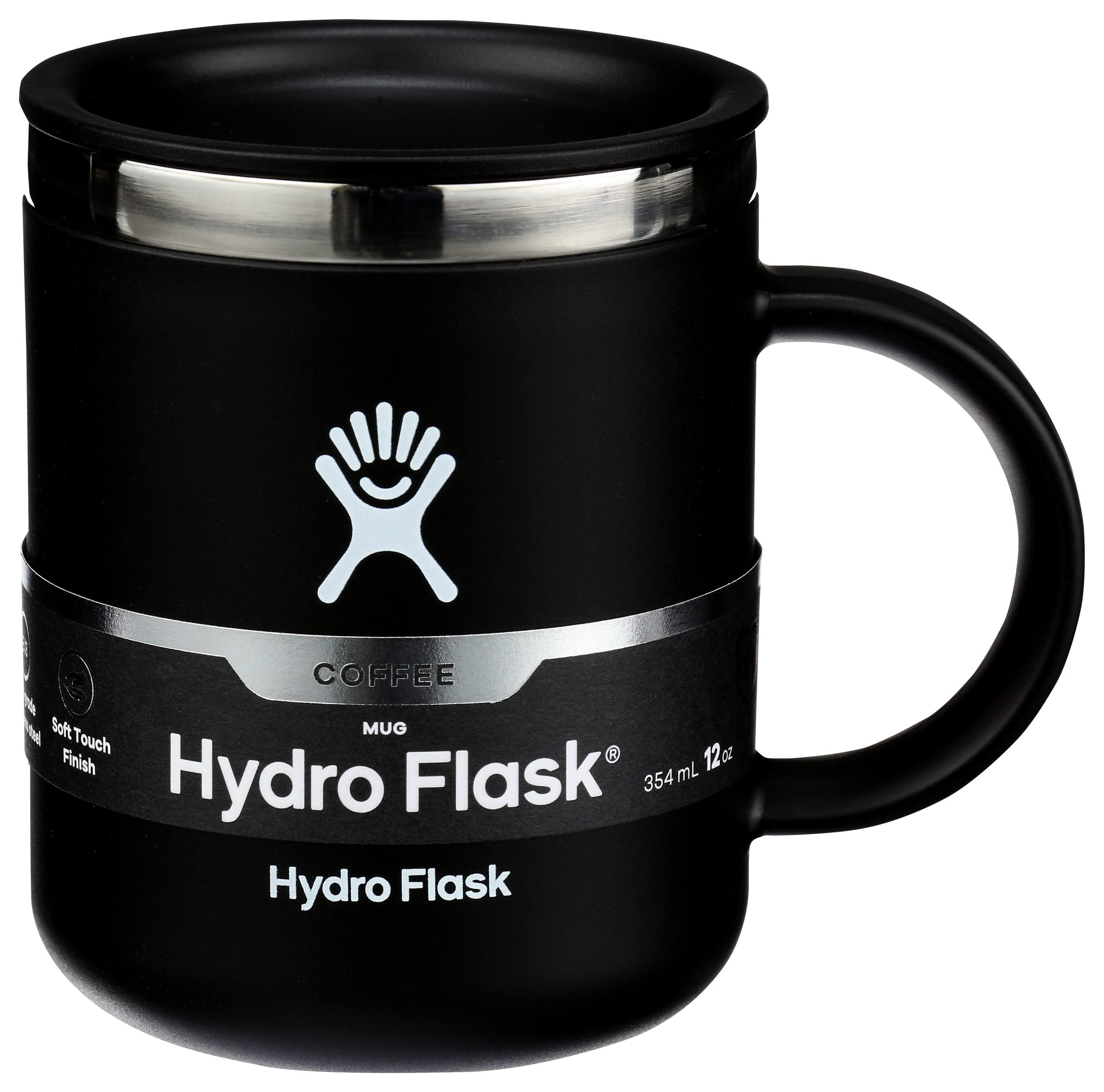HYDRO FLASK - Travel Coffee Mug 354 ml (12 oz) - Vacuum Insulated Stainless Steel Travel Mug with Handle and Press-In Lid - BPA-Free - Black