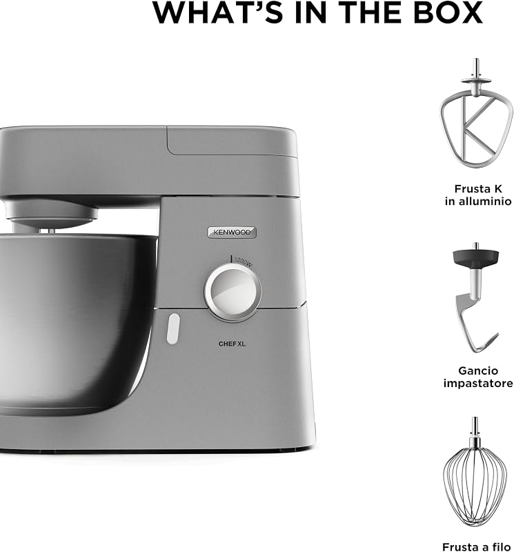KVL4100S Impastatrice Planetaria Chef XL con Ciotola da 6,7L, 3 Ganci di Miscelazione, Personalizzabile con oltre 25 Accessori Opzionali Acquistabili Separatamente, Potenza 1200W, Silver
