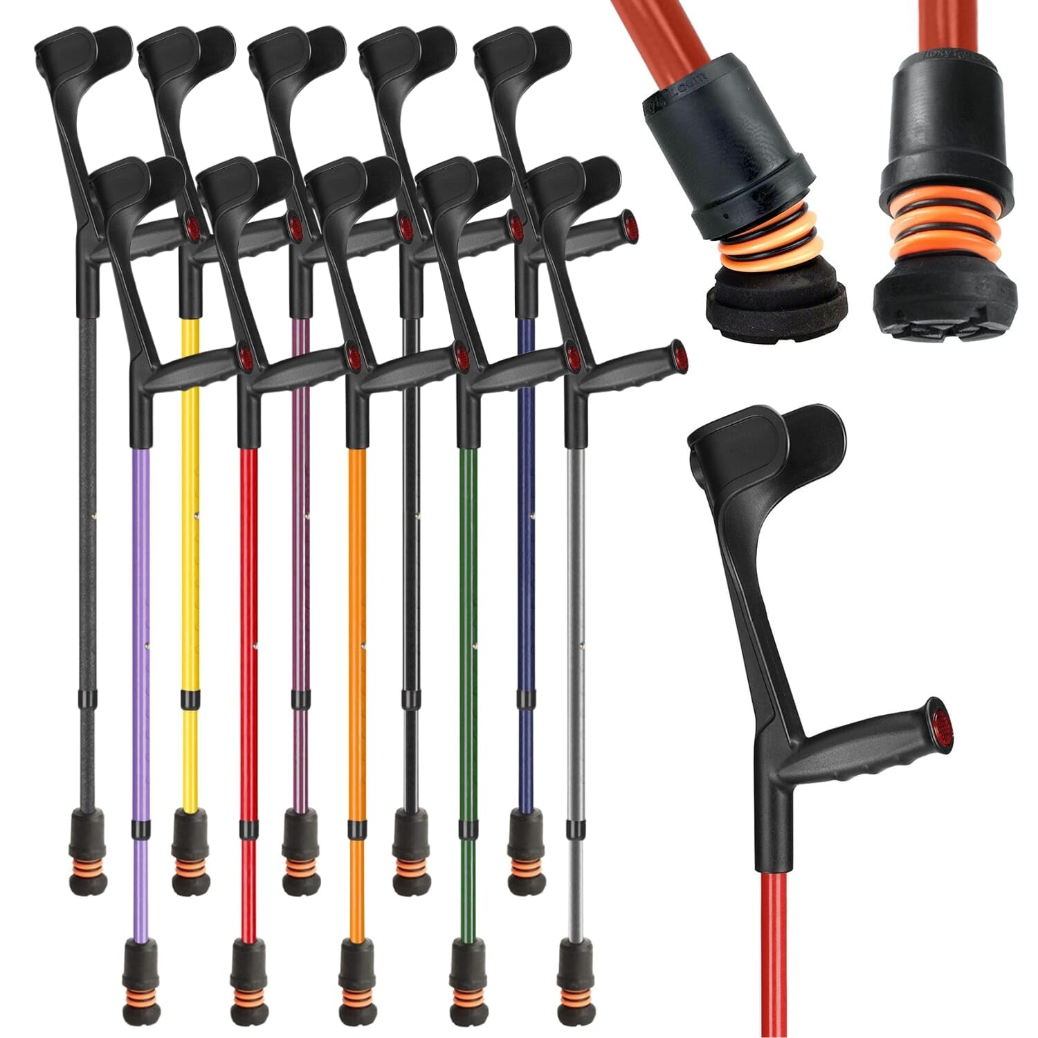 Flexyfoot Shock Absorbing Soft Grip Adjustable Crutch - Single - Red | Improve Safety, Improve Comfort, Improve Grip, Reduce Shocks & Jarring