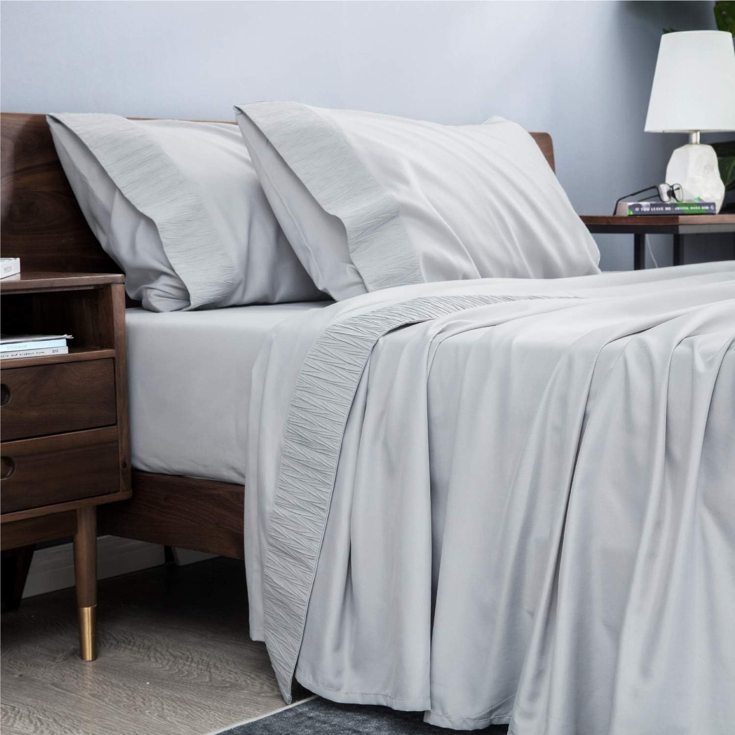 Bedsure Bed Sheet Set - Ruffled Embossed Light Gray Bed Sheets - Soft Brushed Microfiber, Wrinkle Resistant Bedding Set - 1 Fitted Sheet, 1 Flat Sheet, 2 Pillowcases (Queen, Light Grey): Home & Kitchen