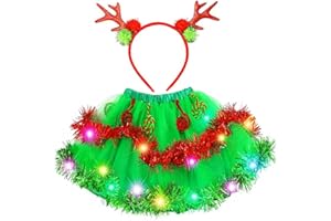 Nicute Light Up Girls Christmas Tutu with Antler Headband Green Layered Glow Tutu Skirt Holiday Tutus Costume for Kids
