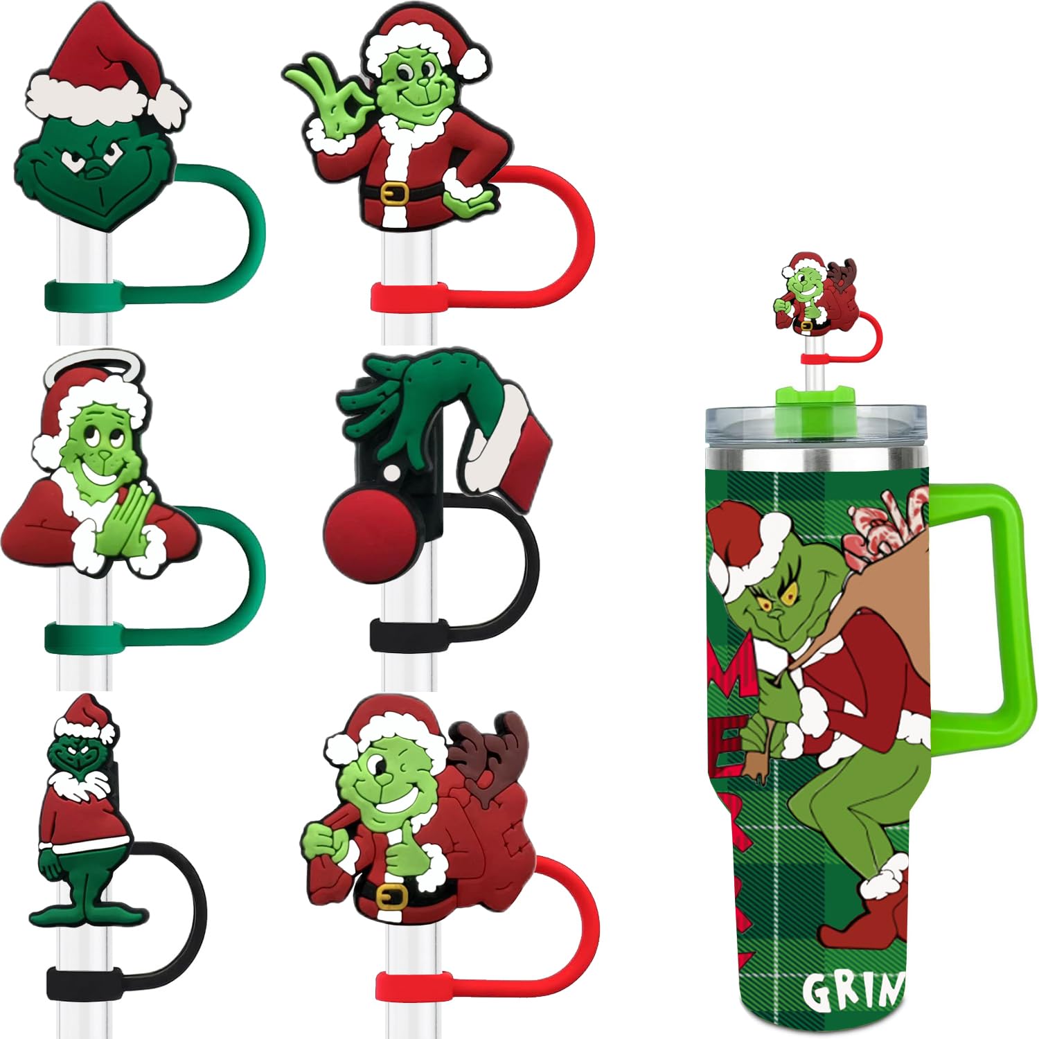 Photo 1 of Haundry 6-Pack Christmas Straw Covers Cap Compatible with Stanley Tumblers, Reusable Silicone Green Xmas Drinking Straw Topper, Dust-Proof, Funny Stanley Accessories Perfect for Festival