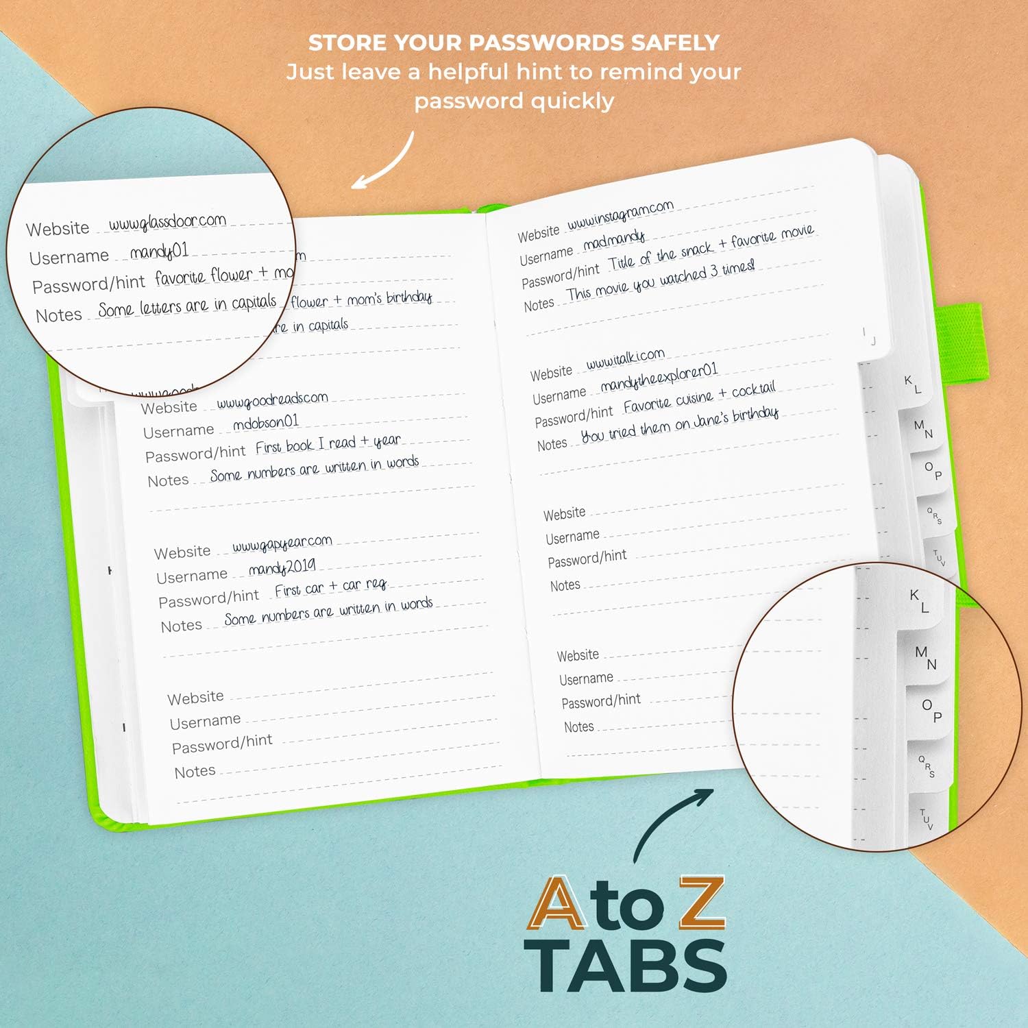 Clever Fox Password Book with alphabetical tabs. Internet Address Organizer Logbook. Small Pocket Password Keeper for Website Logins (Green) - Image 4