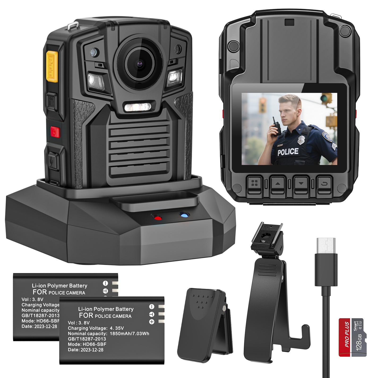 Tarkonn Body Camera with Audio and Video Recording, 4K/2160P Body Cam, 2PCS 1950MAH Batteries, Night Vision, GPS, 128G Bodycam, Police Body Worn Camera