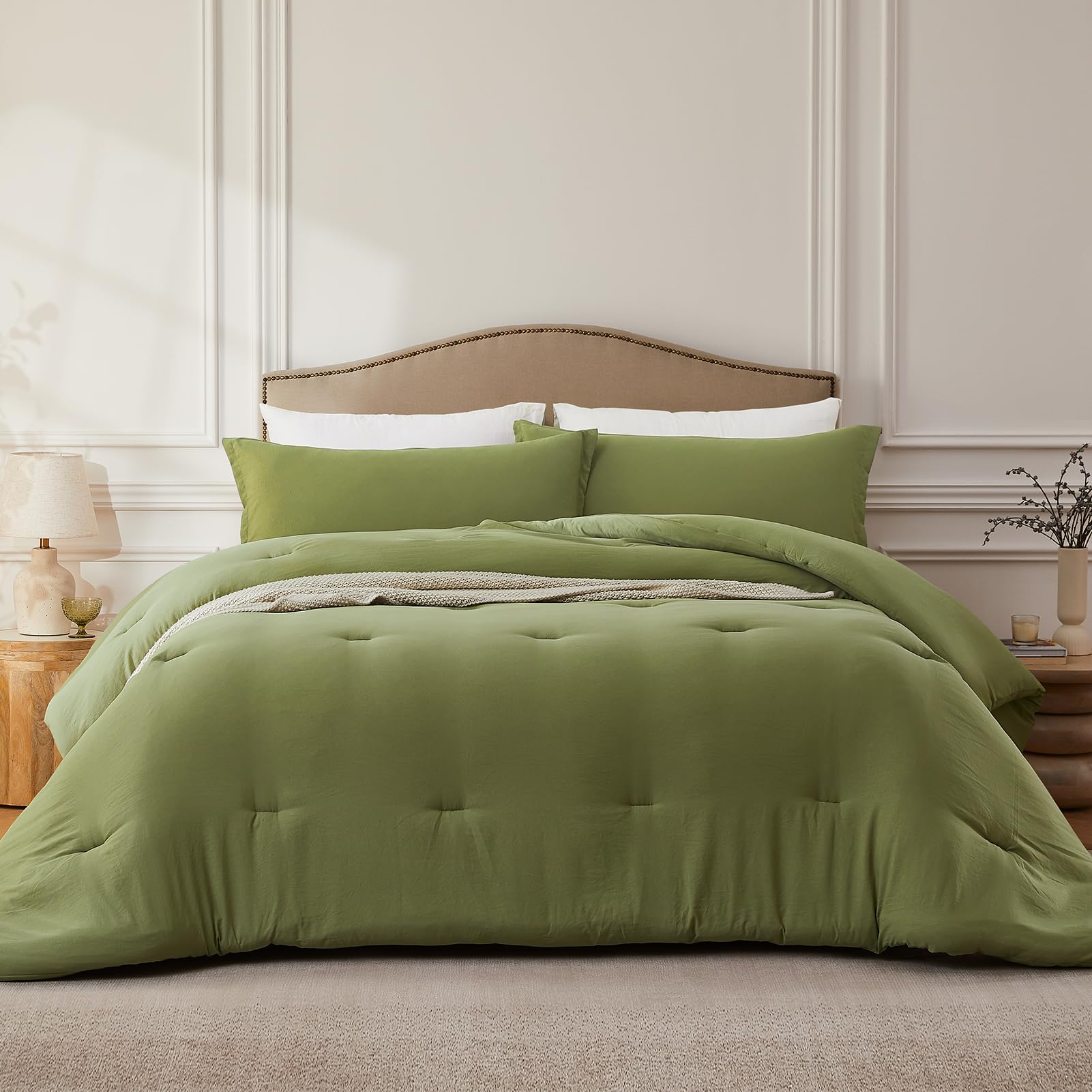 Quataly King Comforter Set OliveGreen,3PCS Soft Lightweight Breathable Bedding Comforter Sets for All Season, King Size(104''×90'' Comforter & 2 Pillowcases)