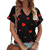 Valentine Day Shirts for Women V Neck Love Heart Girlfriend Valentines Gift Tshirt Graphic Short Sleeve Tee Tops