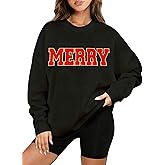 Bogoogmo Merry Christmas Sweatshirts Women Fleece Oversized Pullover Merry Letter Chenille Patch Xmas Sweater