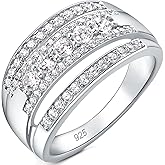 Newshe Jewellery 3-Row Wedding Bands for Women Cubic Zirconia Wide Band Rings 925 Sterling Silver Eternity Statement Ring Engagement Size 5-10
