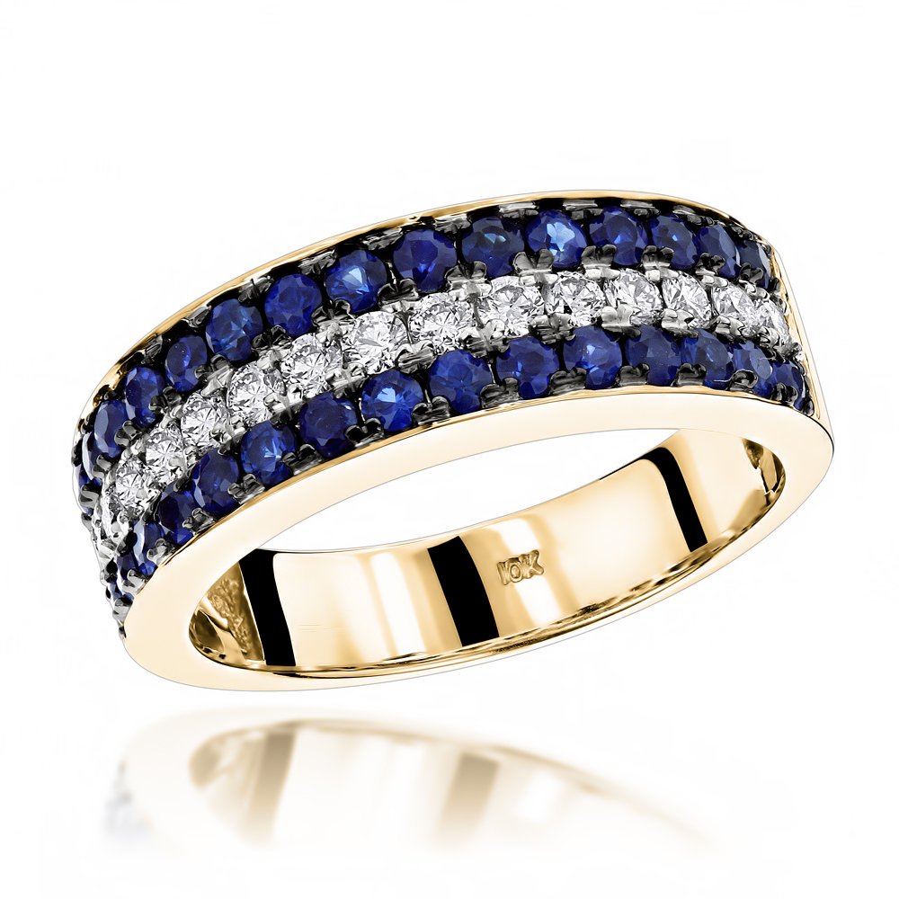 Unique 3 Row Sapphire and Diamond Wedding Band 1.35ct 10K Gold Ring