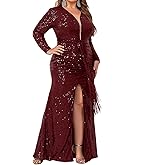 Madam Uniq Women 1920s Long Sleeve Sequin Dress Side Split Plus Size Formal Cocktail Wedding Guest Dresses Maxi Evening Gown