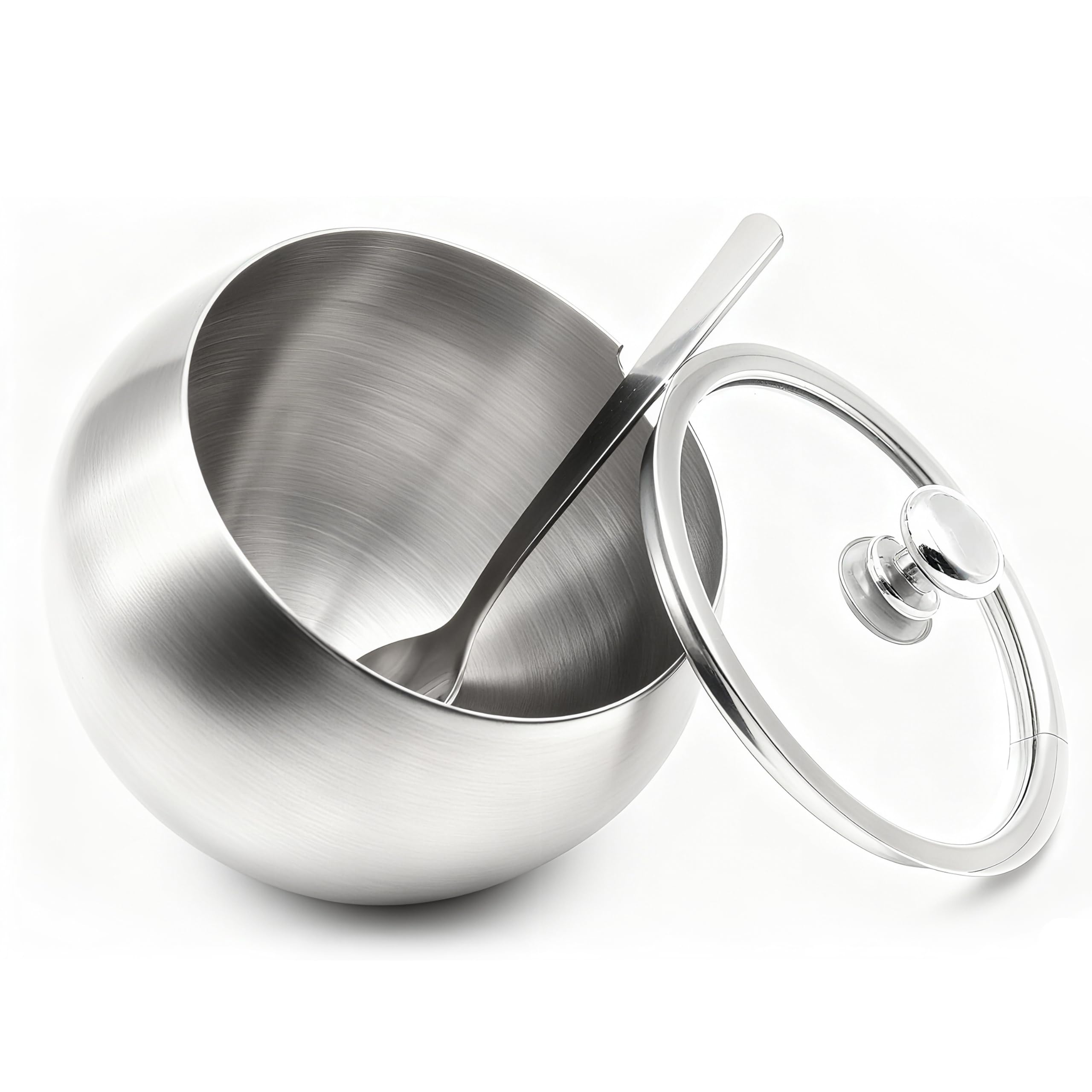 YOCZOX Stainless Steel Sugar Bowl, Small Sugar Bowl with Glass Oblique Opening Lid and Sugar Spoon for Home, Kitchen, Hotel and Cafes, 300 ML (10.5 OZ/ 1.25 Cup)
