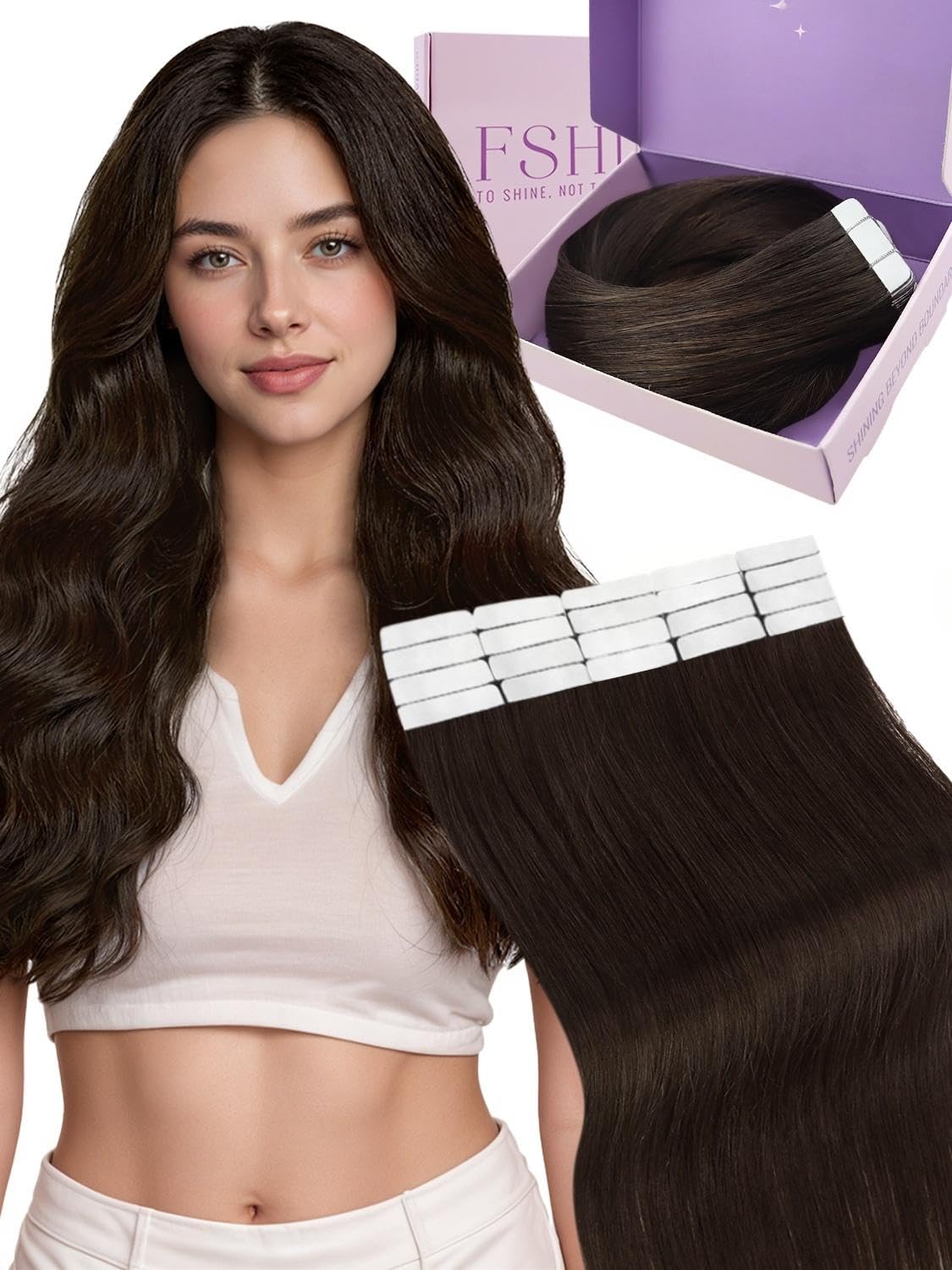 Fshine Tape in Hair Extensions Human Hair 14 Inch Brown Tape on Hair Extensions Natural Remy Human Hair Extensions Tape in Soft Hair Dark Brown 20Pcs 50g Color 2 — image 1