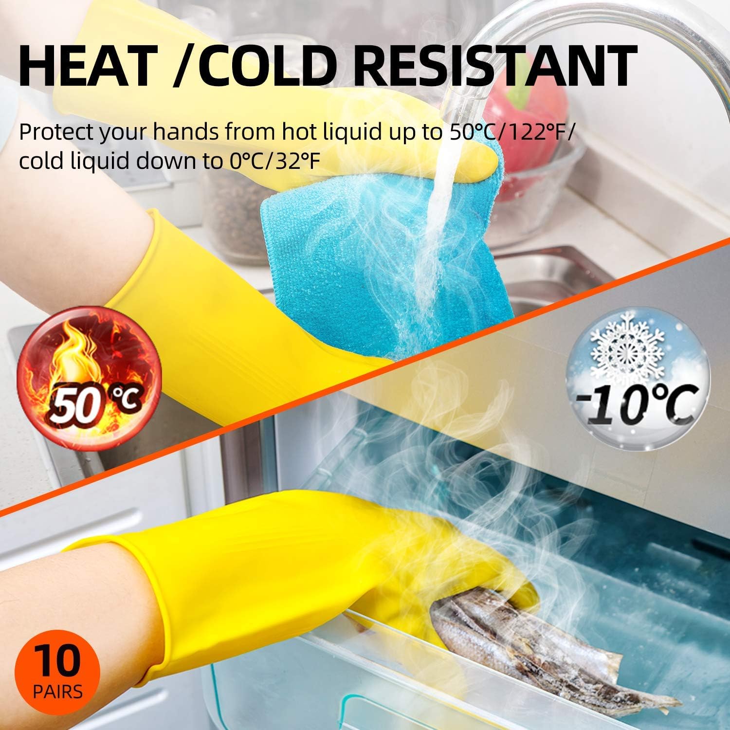 Vgo 10-Pairs Reusable Household Gloves, Rubber Dishwashing gloves, Extra Thickness, Long Sleeves, Kitchen Cleaning, Working, Painting, Gardening, Pet Care (Size L, Yellow, HH4601): Health & Personal Care