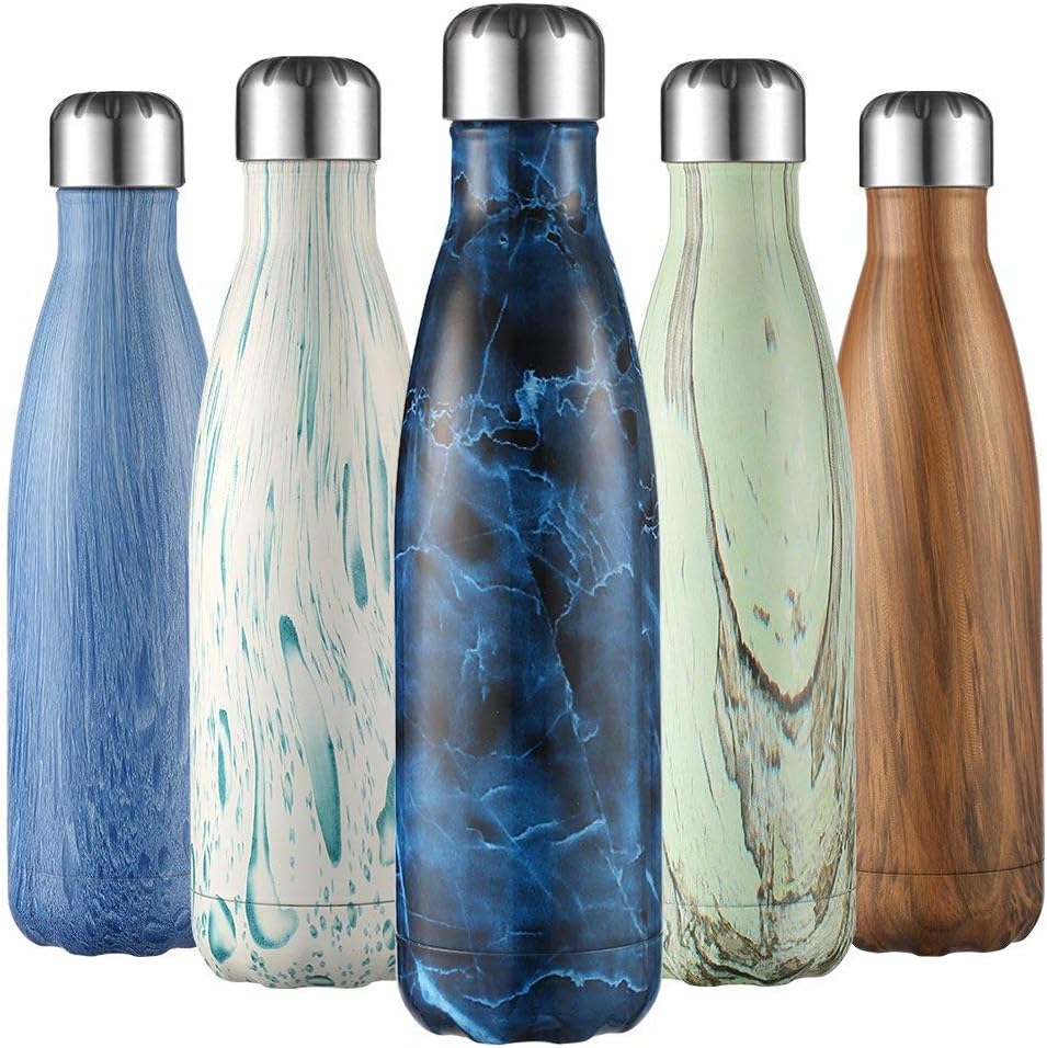 LIVEUP SPORTS 500ml Water Bottle, 17oz Double Wall Vacuum Insulated Stainless Steel Water Bottle Cup with Black Portable Bag Perfect for Outdoor Sports Camping Hiking Cycling Picnic (Dark Wood)