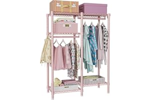 Ulif F1 Clothes Rack for Kids, Baby, Students, and Children's Room, 4 Tiers Portable Metal Closet Clothing Rack, Small Garment Rack with 2 Hanging Rod, 31.2" W x 11.8" D x 48" H, Pink