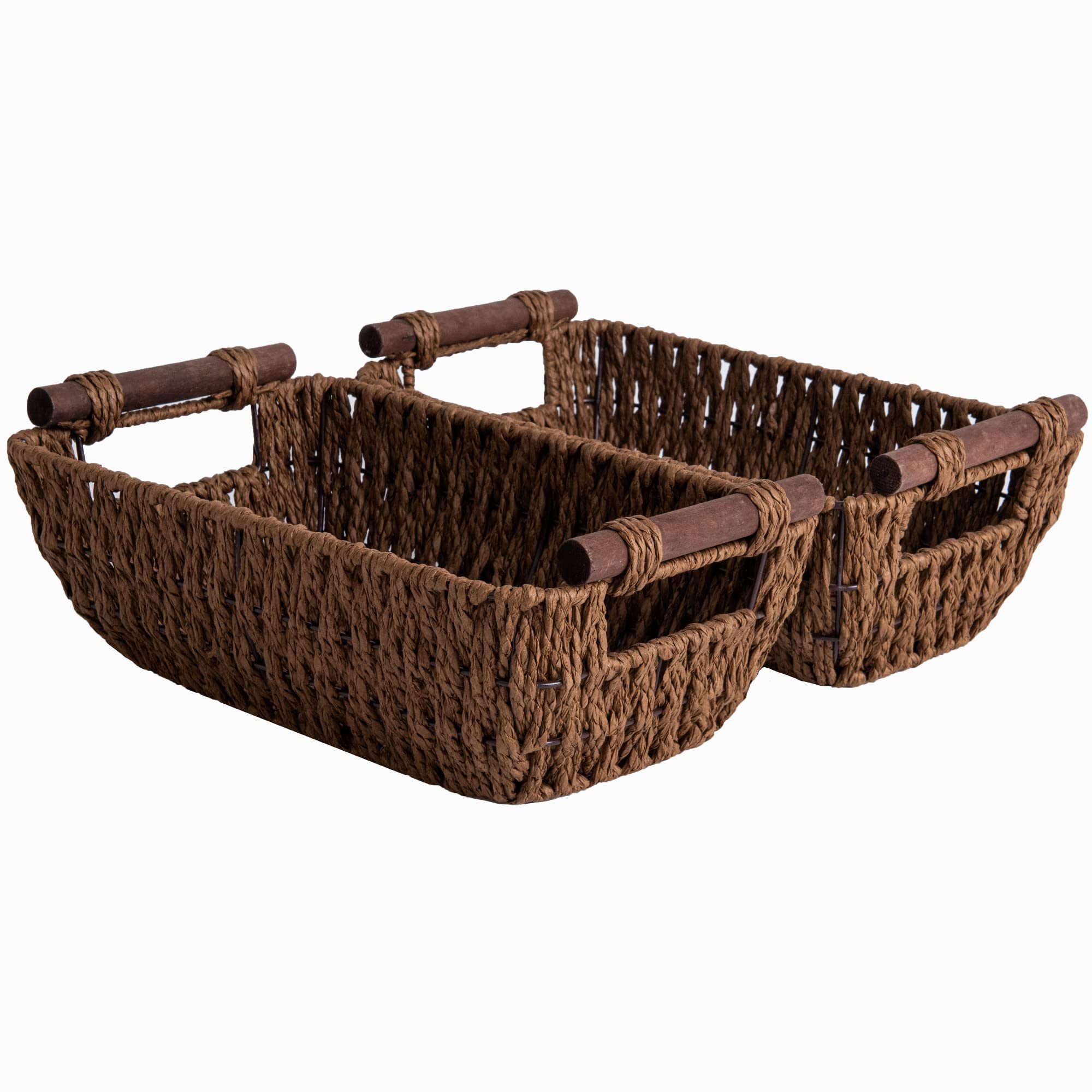 StorageWorks Handwoven Small Wicker Baskets, Round Paper Rope Storage Baskets with Wooden Handles, Dark Brown, 2-Pack Image StorageWorks Handwoven Small Wicker Baskets, Round Paper Rope Storage Baskets with Wooden Handles, Dark Brown, 2-Pack Image