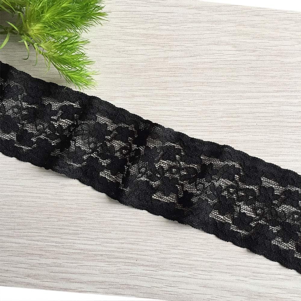 LUMKET 3 Inches Wide Stretchy Lace Ribbon Elastic Trim Fabric with Floral Pattern for Bridal Wedding Decorations , Sewing DIY Making and DIY Crafts (3604 Black)