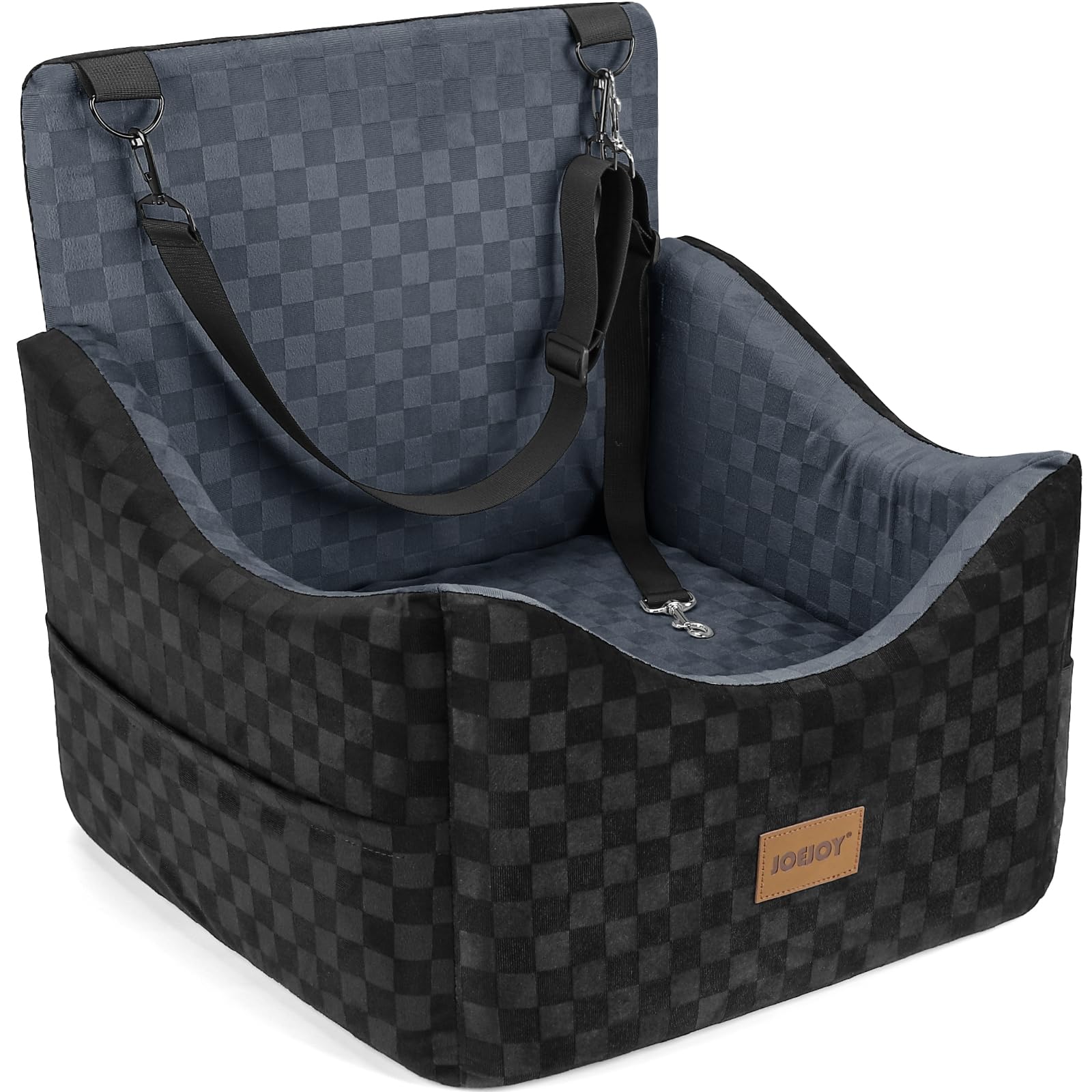 JOEJOY Elevated Dog Car Seat for Small/Medium Dogs up to 35 lbs, Memory Foam Booster Seat with Detachable Washable Cover, Travel-Safe Car Bed with Safety Belts & Storage Pockets, Dark Grey Image