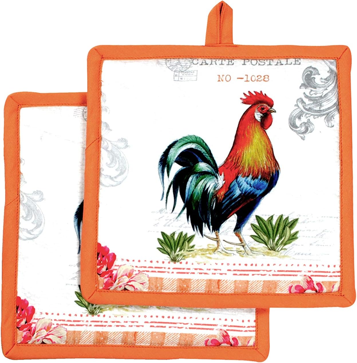 Amour Infini Farm Rooster Pot Holders | Set of 2 | 8 x 8 inches | 100% Natural Cotton | Durable Heat Resistant and Machine Washable | Eco-Friendly & Safe