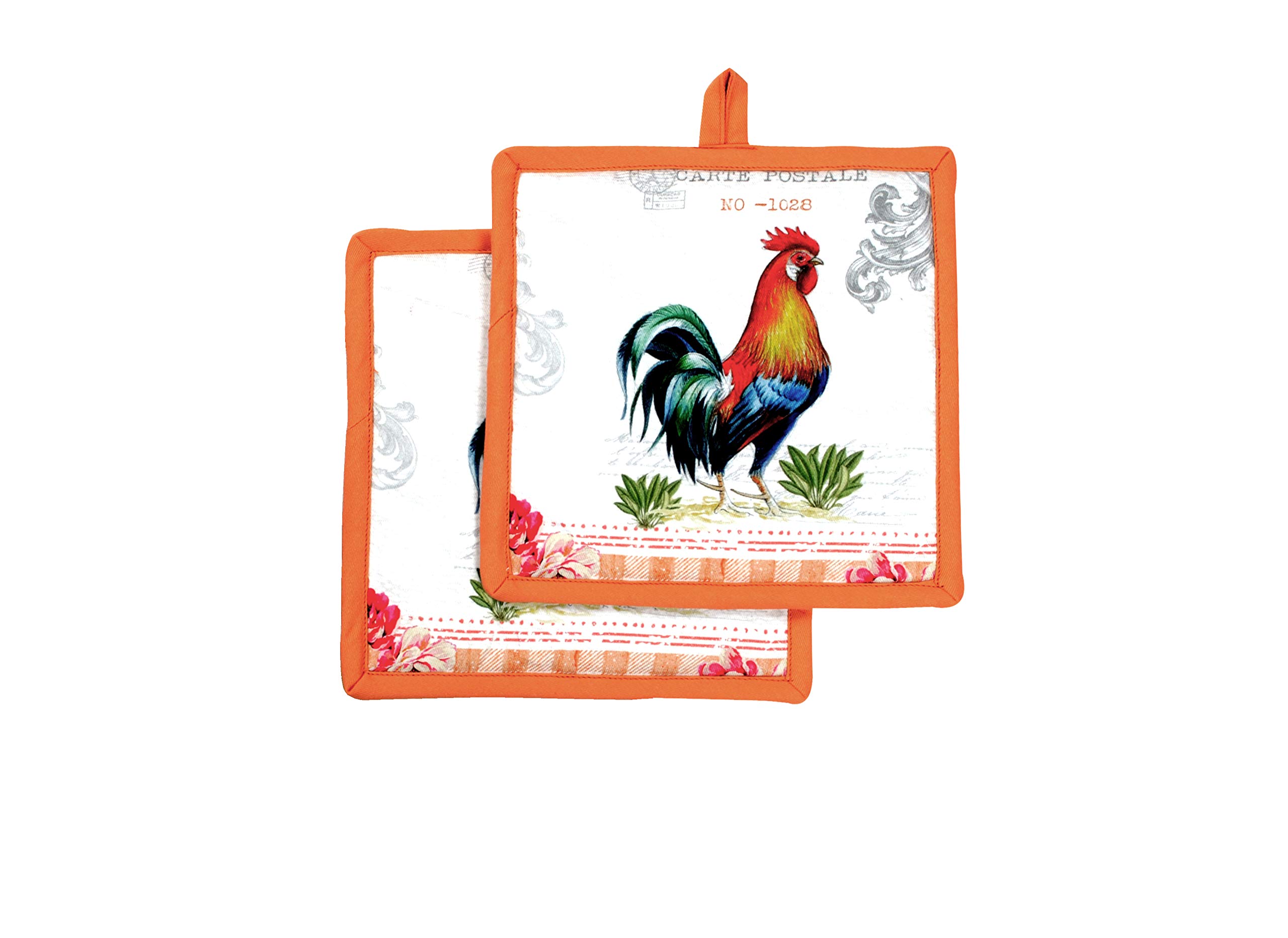 AMOUR INFINI Set of 2 Pot Holders Unique Rooster Design | 20 x 20 cm | 100% Cotton Machine Washable & Durable Hot pads with Hanging Loop | Quilted Liner for Heat Resistance