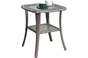 XIZZI Patio Coffee Table Outdoor Wicker Rattan End Table Glass Top Side Table with Storage,Grey Wicker