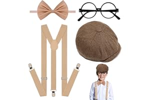GZJINYUAN 4Pcs Kids Boys Suspenders Bowtie Sets with Black Glasses Newsboy Cap for Boy Girl Wedding 1920s Costume Accessories