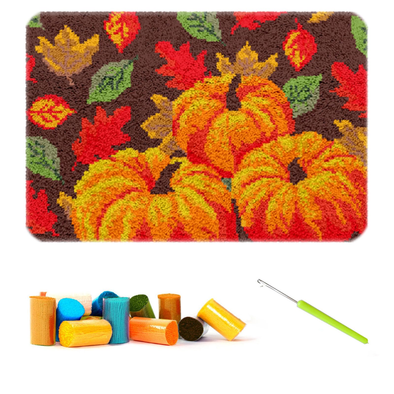 CCWORAN Pumpkin Rug Making Kit For Adults DIY Craft Latch Hook Rug Kit Set Tapestry Cushion Knitting Patterns Printed Mesh Mat Canvas Wool Yarn Fabric Halloween Autumn Decorations Home Gift
