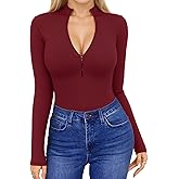 HERLOLLYCHIPS Womens Long Sleeve Tops Short Sleeve V Neck Zip Up Mock Turtle Neck Ribbed Sexy Casual Shirts