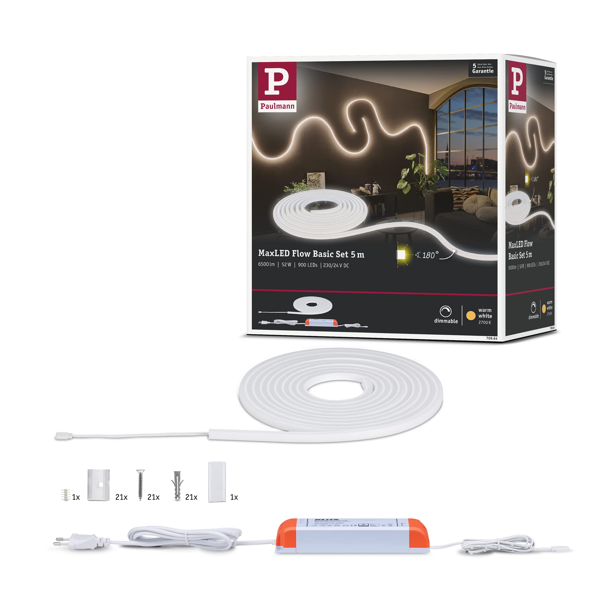 Paulmann 70964 MaxLED Flow Strip 52 watts LED Strip Basic Set dimmable 5m White Plastic 2700 K Warm White