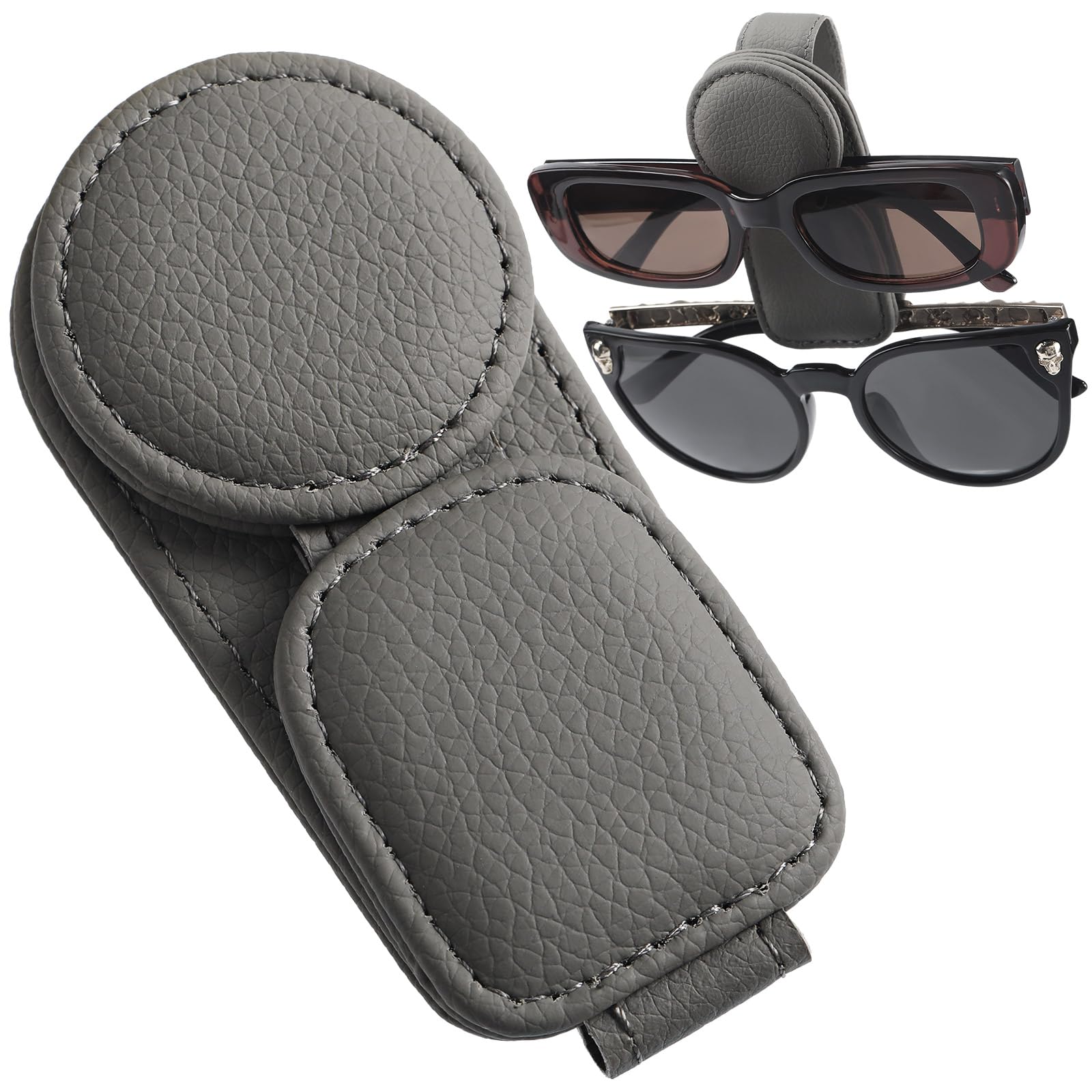 Photo 1 of Konohan Sunglasses Holder for Car Visor Leather Eyeglass Hanger Magnetic Sunglasses Holder with 2 Clips(Light Gray)