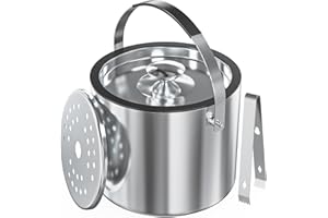 FiveHome Ice Bucket 2L with Silicone Lid, Strainer, Tongs, Double Wall Insulated Stainless Steel Ice Bucket Wine Bucket for C