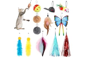 QUOZUO Cat Toys Replacement Cat Toy Wand Refills, 12 Pcs Cat Feathers Refill, Cat Toy Mouse Cat Wand Refill Attachments for Indoor Cats