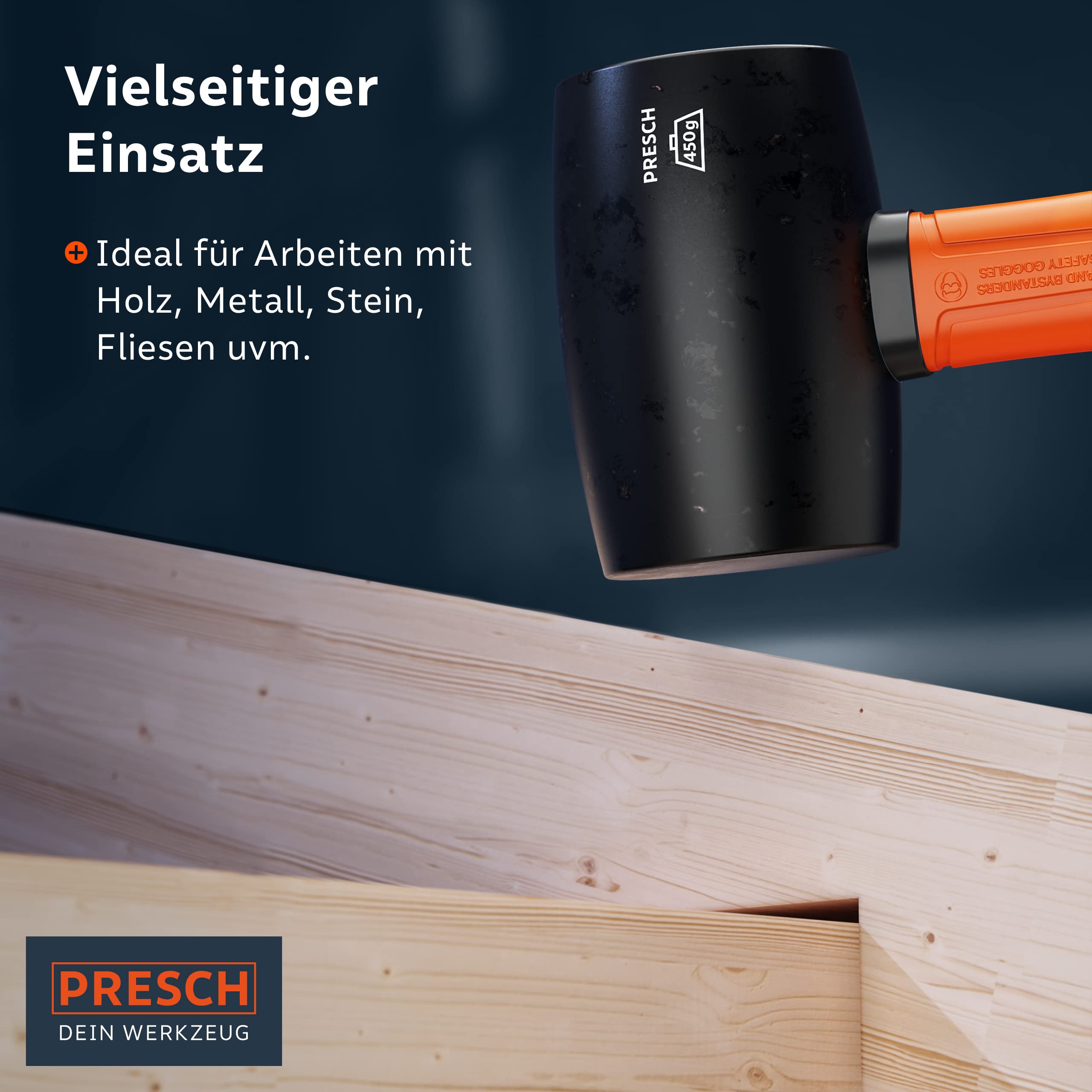 PRESCH Gummihammer Schwarz 450g - Hartgummihammer mit Fiberglasstiel | ⌀=55mm - Schwarzer Naturkautschuk für Outdoor - Langlebiger Schonhammer für Outdoor, Camping, Steine uvm. 4