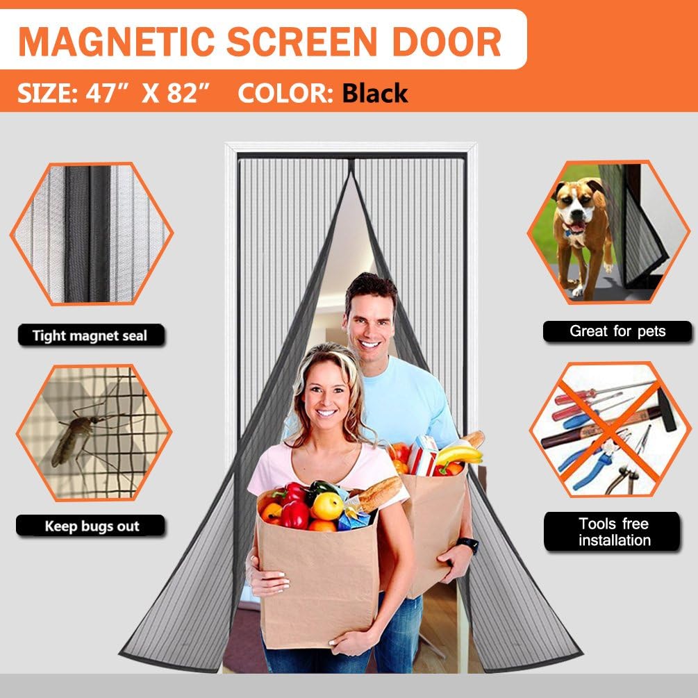ESOW Magnetic Mesh Screen Door Super Fine Fly Mesh Great For Pets Keep Bugs Out With Full Frame Adhesive Strip 3 Sizes Available fits Doors up to 47" x 82" Max