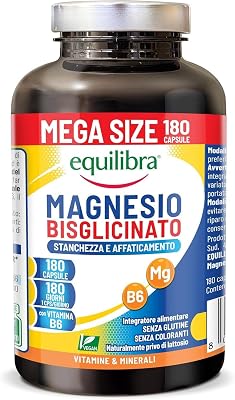 Magnesio Bisglicinato, 180 Cápsulas, 250mg, con Vitamina B6, Suministro para 6 meses, Vegan, para Cansancio y Fatiga, Sistema Nervioso, Función psicológica, Sin Gluten