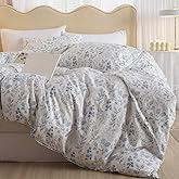 Nanko Floral Duvet Cover Set King Size, Blue and White Flower Leaf Print Pattern Bed Set, Soft Microfiber Reversible Comforter Bedding Cover with Zip Tie - Vintage Farmhouse for Women Men, 3Pcs 104x90