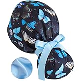 Scrub Caps Women Satin Lined Ponytail, Midnight Butterfly Adjustable Scrub Hats Women with Buttons and Sweatbands, Practical Ponytail Holder Design with Bow Ribbon Soft Smooth
