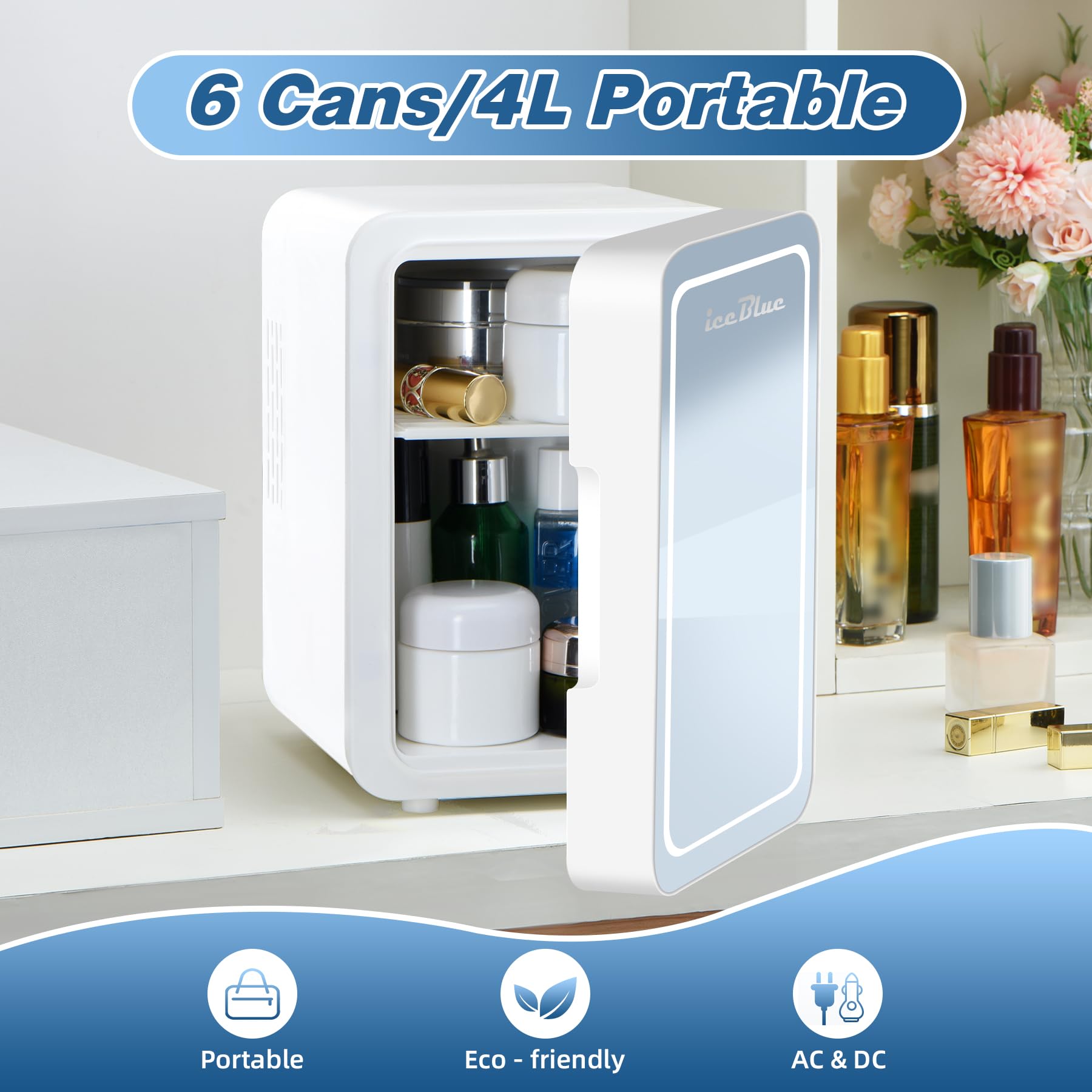 Iceblue Skincare Fridge With Dimmable LED Light Mirror, Mini Beauty Refrigerator, Thermoelectric Cooling Function for Cosmetics and Skincare, AC & DC, 4L- White - Image 5