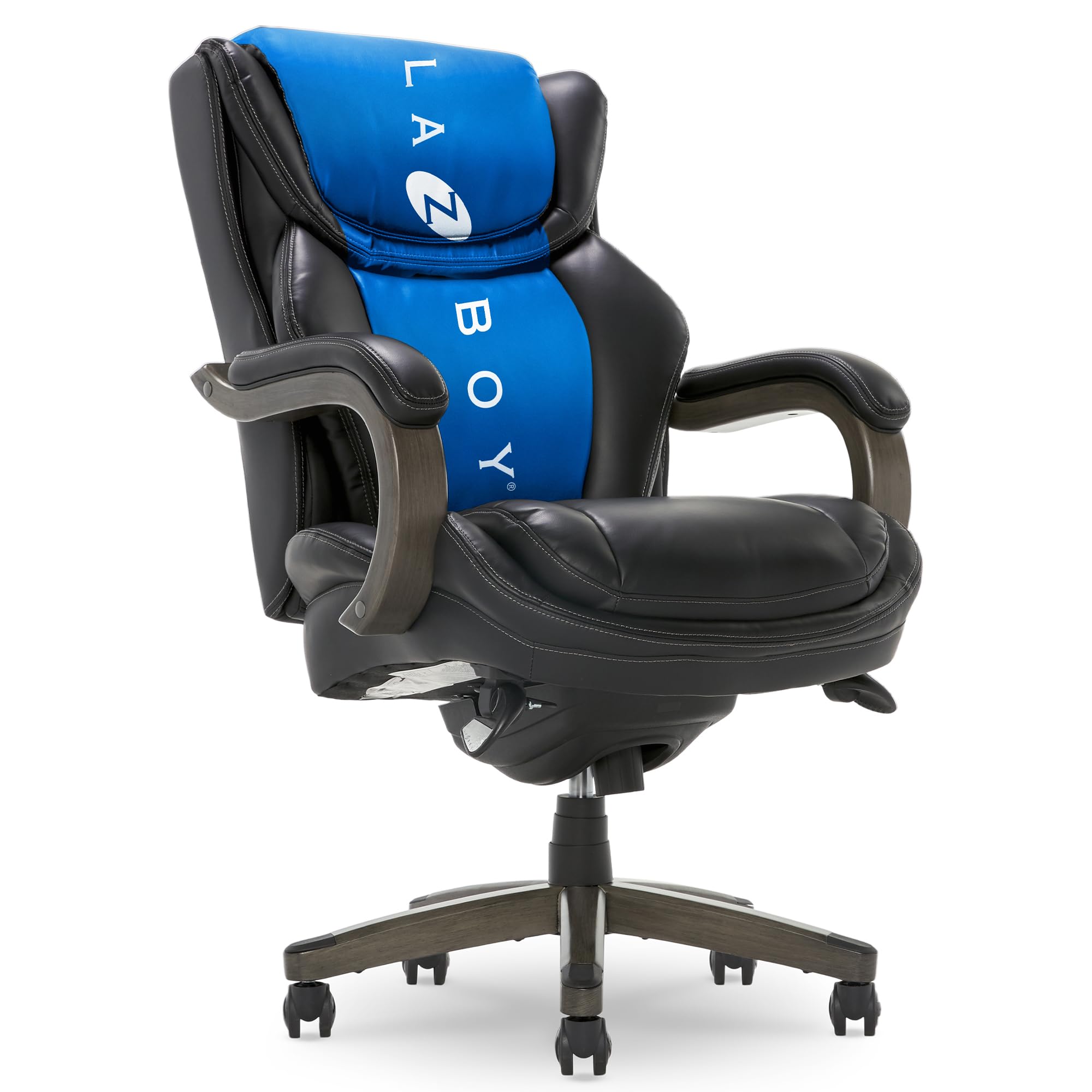 Photo 1 of La-Z-Boy Harnett Big and Tall Executive Office Chair, Ergonomic High-Back Chair with Solid Wood Arms, ComfortCore with Memory Foam Cushions, Bonded Leather, Black
