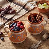 Vesici 2 Pack Mexican Clay Mugs, Hand Painted Mexican Pottery Mugs De Barro Mexicanos Fiesta Coffee Cups Gifts for Birthday Wedding Holiday Parties, Cinco De Mayo(Burnished,Terracotta Orange)