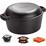 Overmont Dutch Oven 5 QT Cast Iron Casserole Pot + 1.6 QT Skillet Lid Pre Seasoned with Handle Covers & Stand for Camping Hom