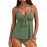 Aleumdr Women's Tankini Swimsuits Tummy Control Two Piece Bathing Suit V Neck Tie Front Flowy Swim Top with Bottom