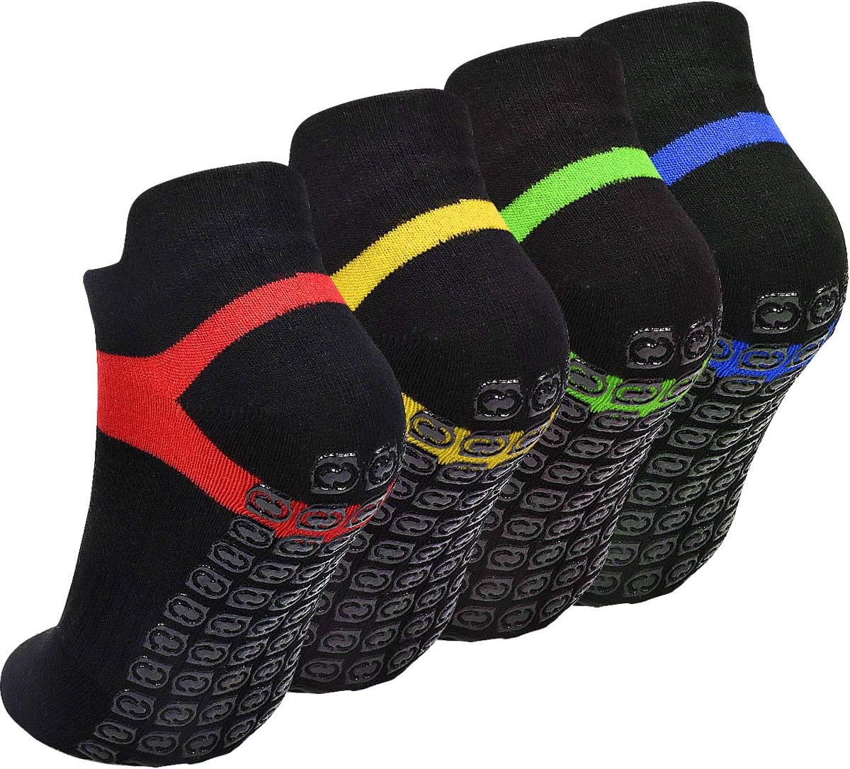 4 Pairs Non Slip Yoga Socks, Pilates Socks with Grips for Men Women, Black Cotton Socks for Fitness, Dance, Barre, Ballet, Size UK.4 - UK.9