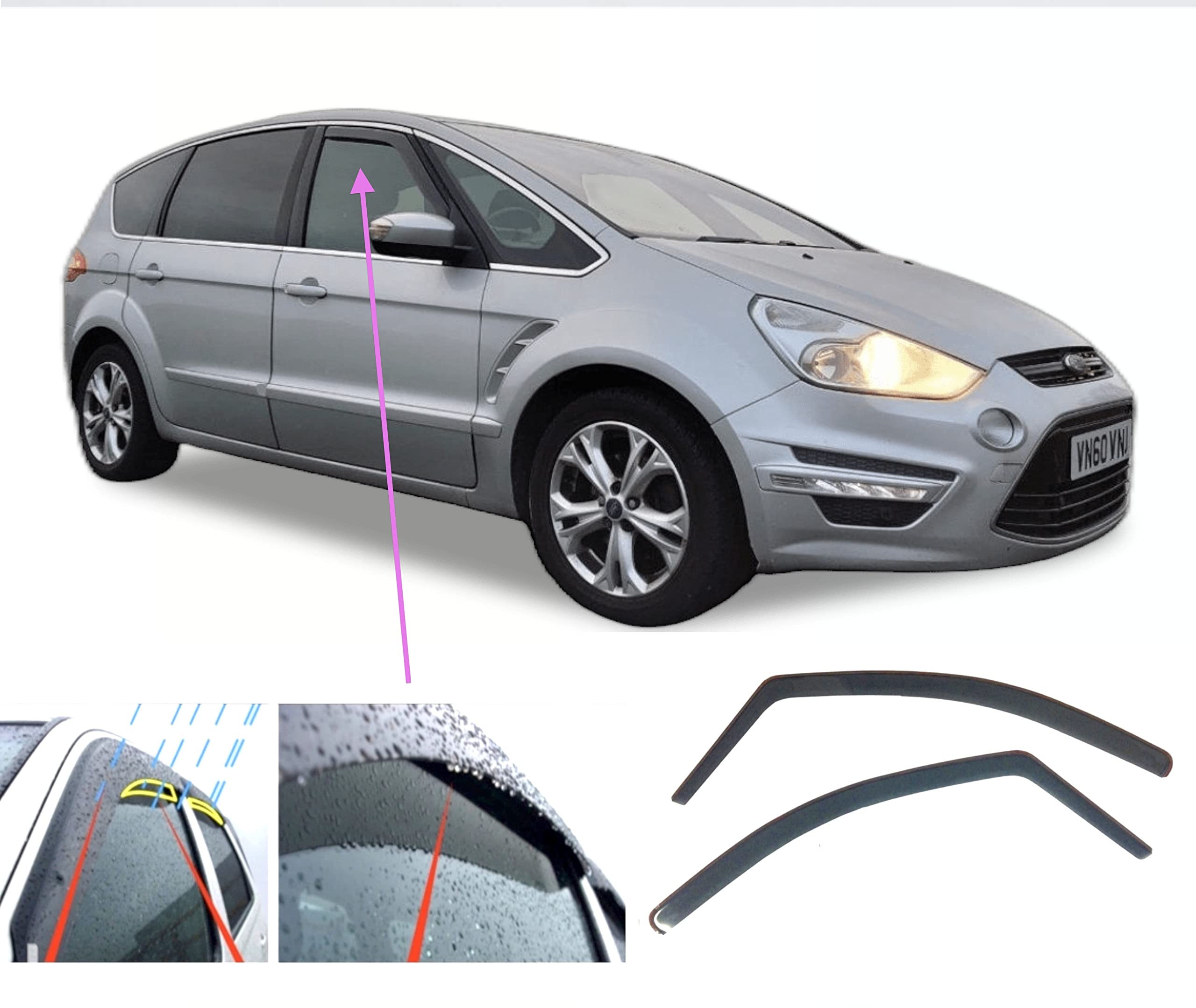 AC WOW 2x Wind Deflectors for Ford S-MAX 2010 2011 2012 2013 2014 2015 Acrylic Sun Visors Rain Weather Shields