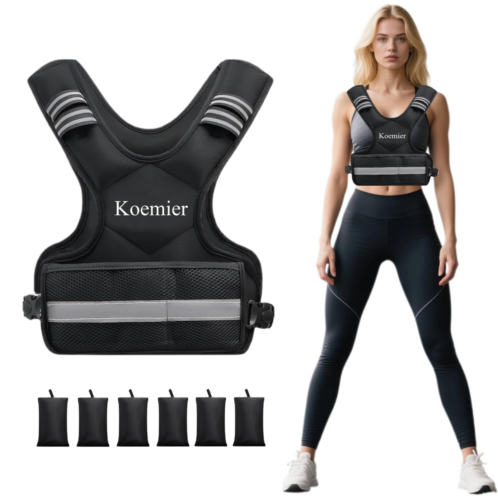 Photo 1 of Koemier Adjustable Weighted Vest for Men and Women,4-10lb/11-20lb/20-32lb Vest with 6 Ironsand Weights,with Reflective Stripe,for Strength Training, Running, Fitness, Walking